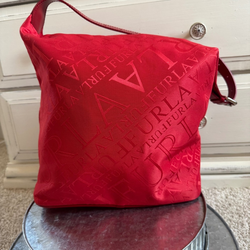 Furla Shoulder Bag Red Monogram Logo Italian Designer Handbag Purse